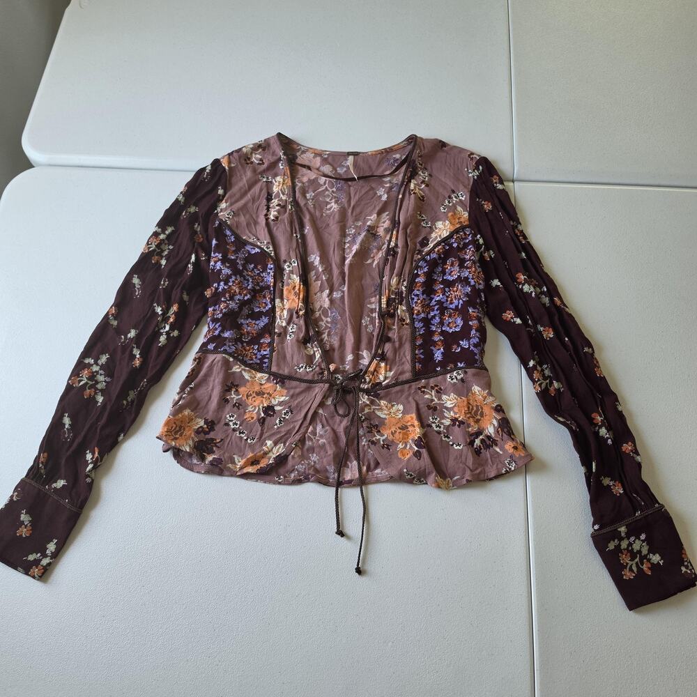 Free People Blouse Small Multicolor Floral Tie Front Long Sleeve Whimsigoth